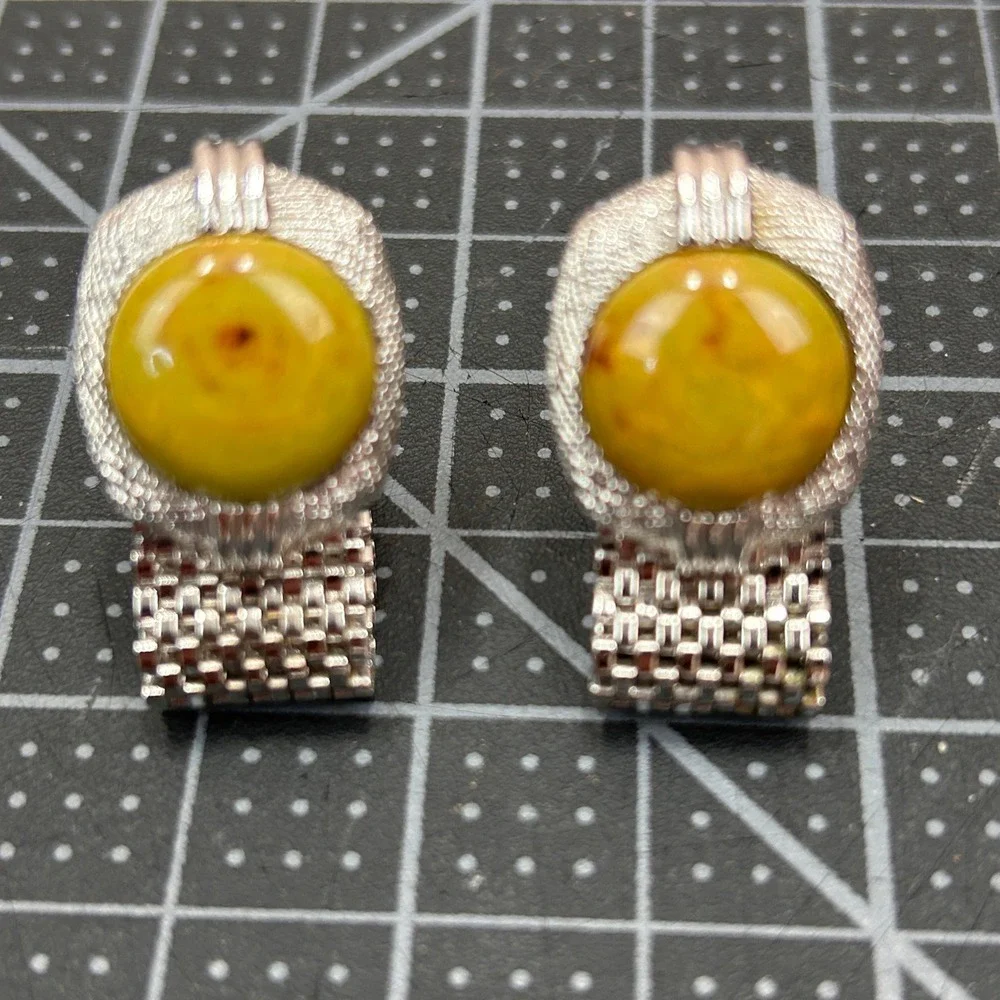 Swank Vintage Mens Wrap Mesh Cufflinks Tie‎ Tack Set Silver Tone Yellow Cabochon